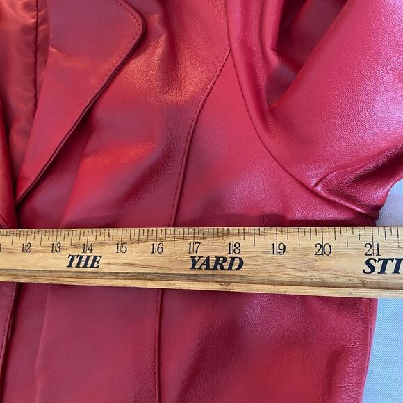 JCCOLLECTION Leather Coat German Half Trench Lined Notched Lapel Womens M Red - Picture 7 of 15